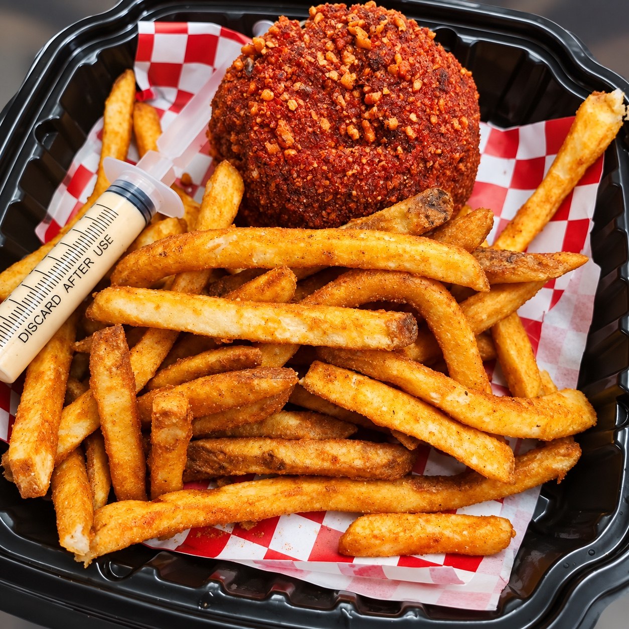 Seasoned crab bomb with fries and dipping sauce