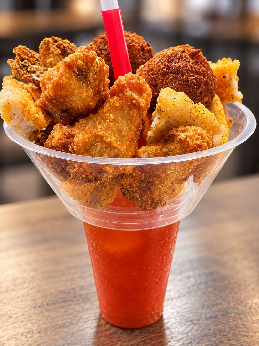 Seafood sampler cup with red drink